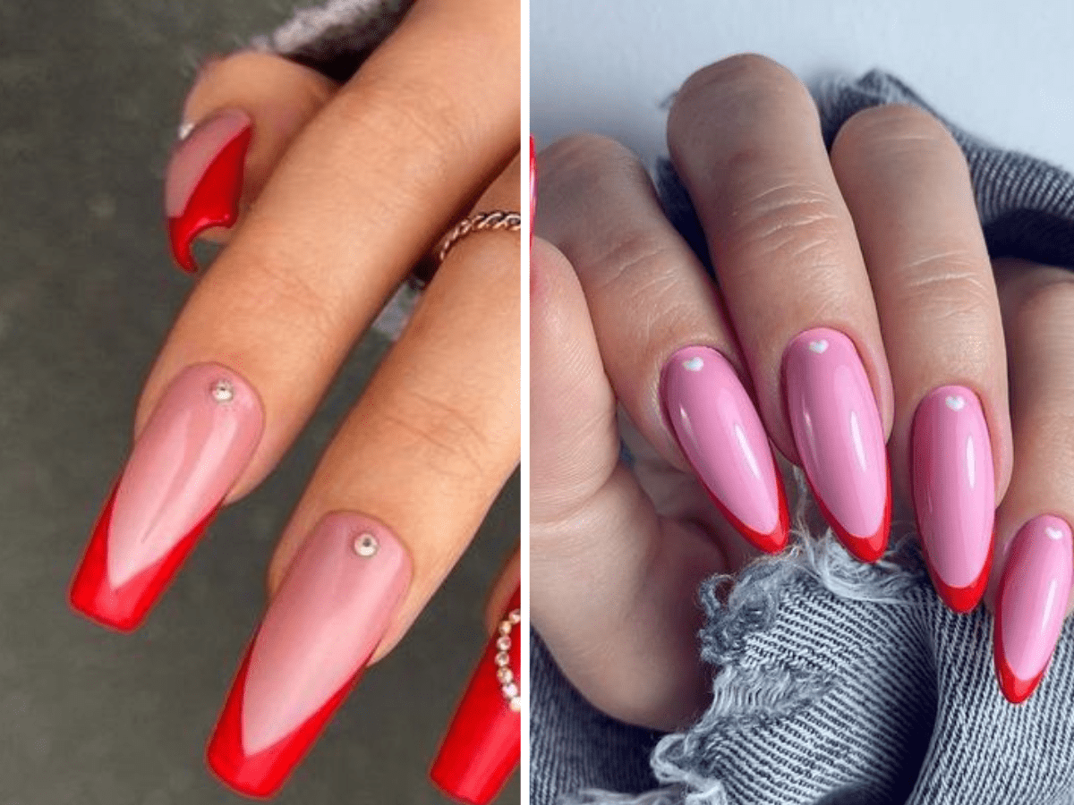 Mãos com unhas decoradas em tons de rosa e vermelho, com detalhes brilhantes e acabamento em pontas.