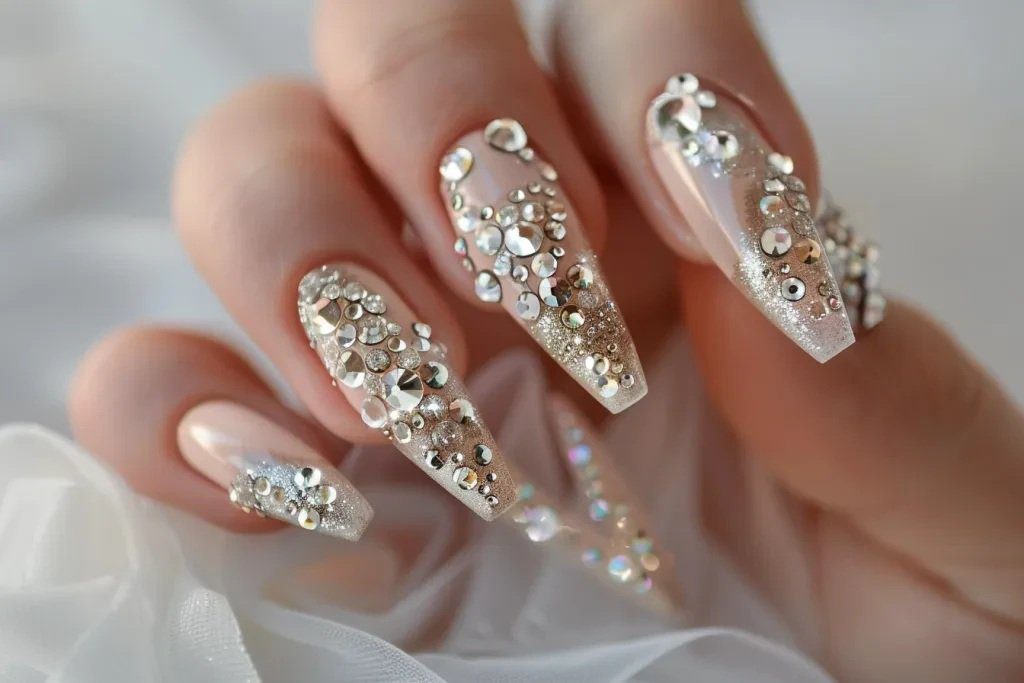 Unhas longas com decoração em strass e glitter prateado, sobre tecido branco.