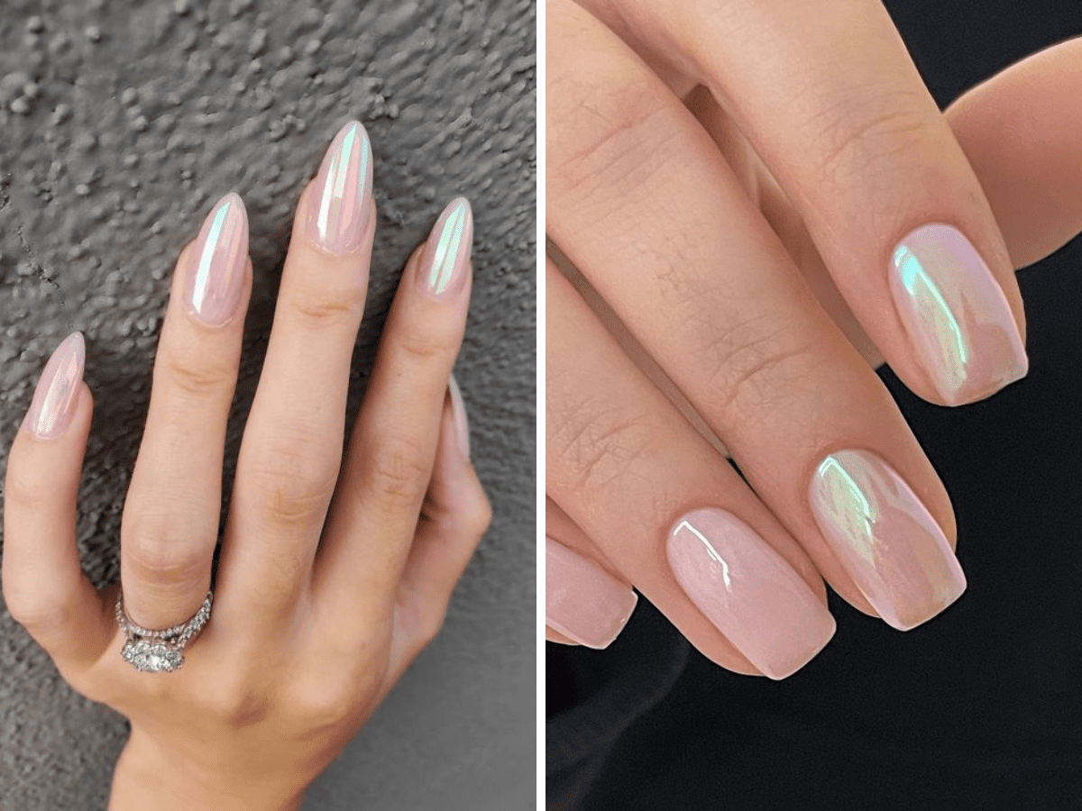 Mãos com unhas longas e curtas, ambas com esmalte perolado iridescente, em fundo cinza e preto.