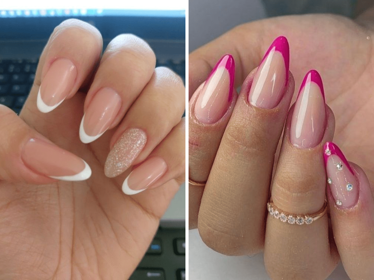 Duas mãos com unhas decoradas; uma com francesinha clássica e outra com pontas rosa e detalhes brilhantes.