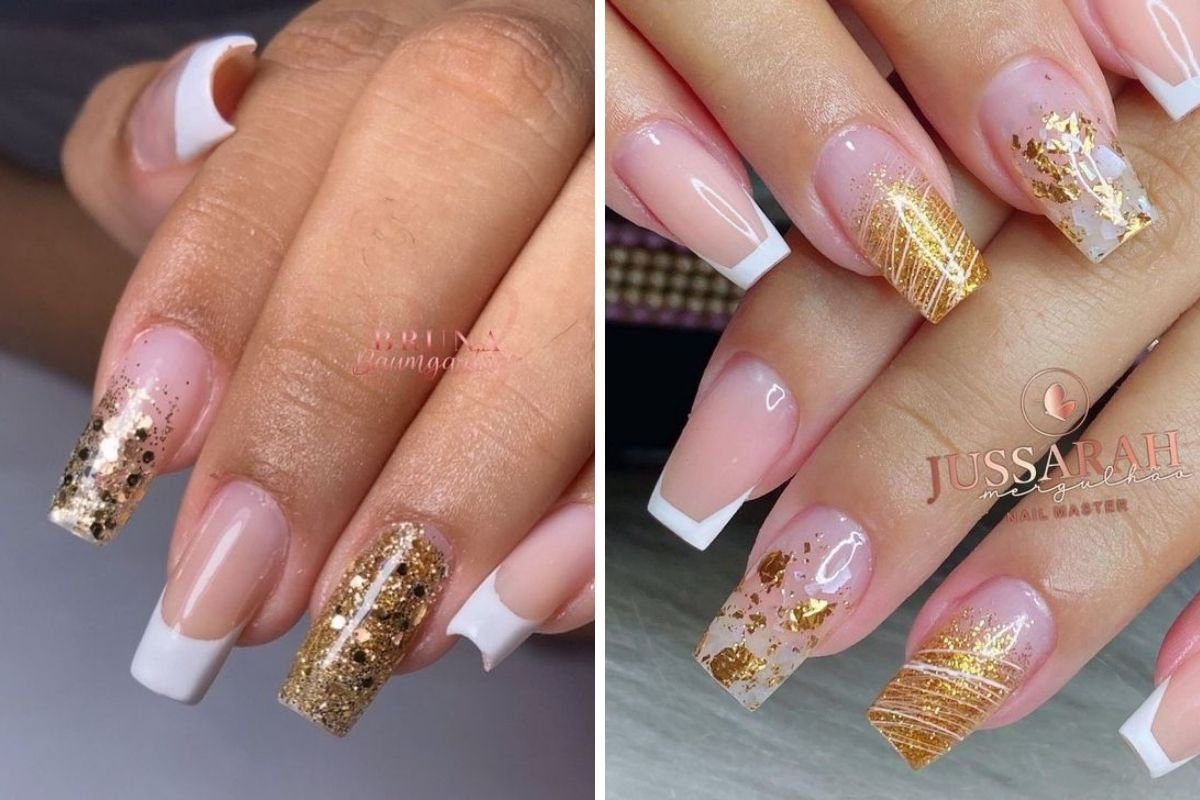 Duas mãos com unhas decoradas em estilo francês, com detalhes dourados e brilho.