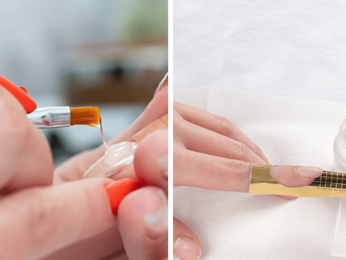 Duas imagens mostram a aplicação de unhas de gel: uma com pincel aplicando gel e outra com molde na unha.