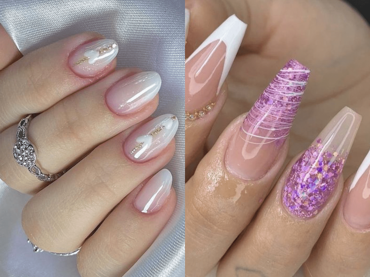 Mãos exibindo unhas decoradas com esmalte branco e dourado à esquerda e unhas longas com detalhes roxos e glitter à direita.