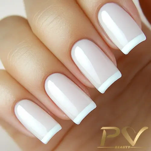 Unhas com esmalte nude e pontas brancas, estilo francesinha.