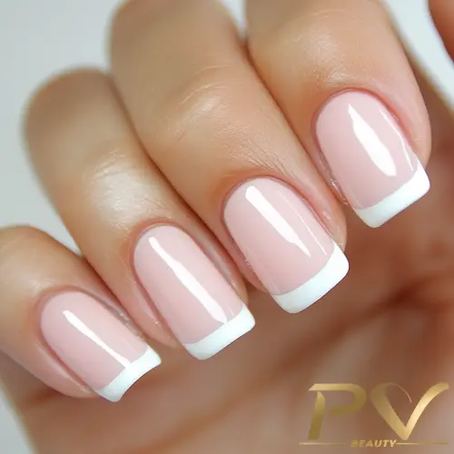 Unhas longas em formato amendoado com esmalte nude e brilho.