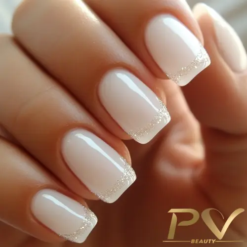 Unhas decoradas com esmalte branco e bordas com glitter prateado, mostrando uma mão segurando os dedos.