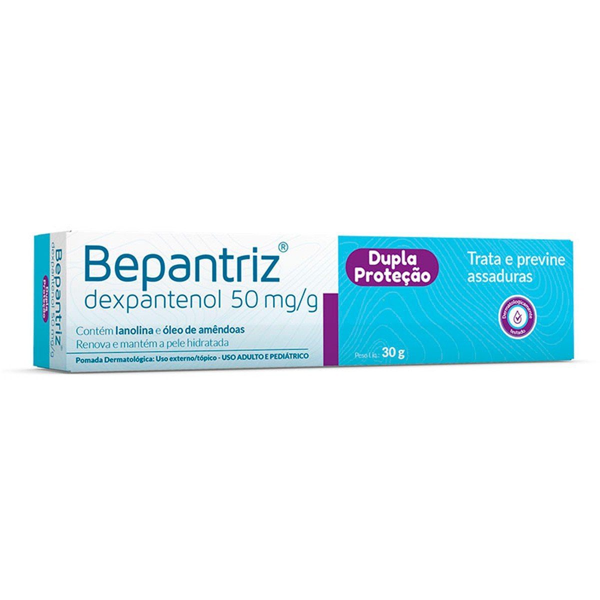 Caixa de pomada dermatológica com 30g, indicada para tratar e prevenir assaduras, contendo dexpantenol.