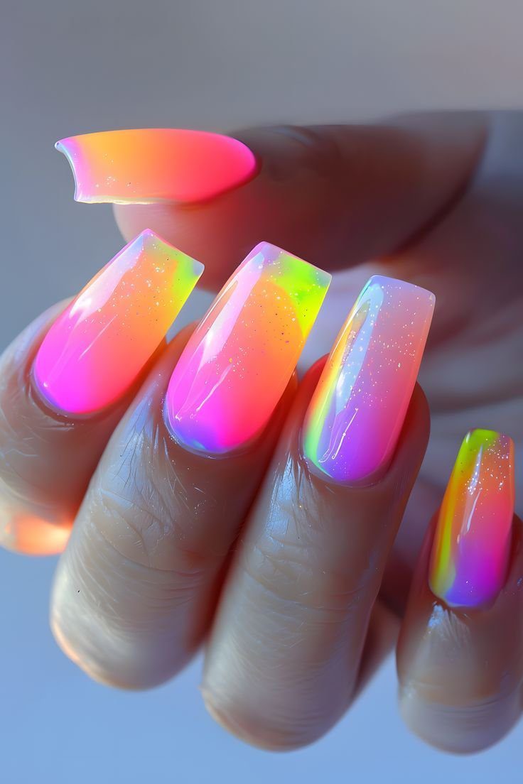 decoracao-de-unhas-diferentes-cores-neon Unhas longas com esmalte em cores neon degradê, incluindo rosa, laranja e amarelo, com detalhes brilhantes.