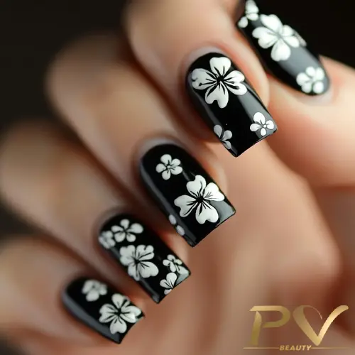 Unhas pintadas de preto com desenhos de flores brancas detalhadas.