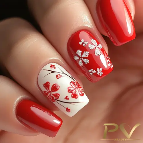 Unhas esmaltadas em vermelho e branco, decoradas com flores e linhas delicadas.