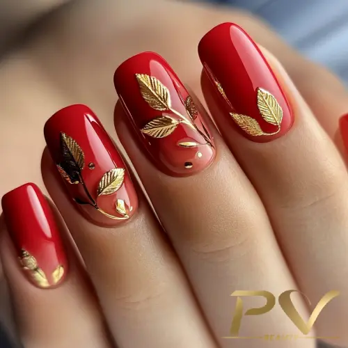 Unhas vermelhas decoradas com folhas douradas detalhadas e pequenas pedras brilhantes.