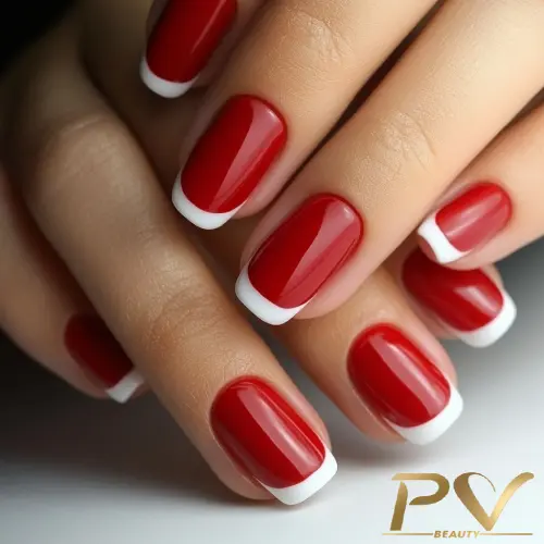 Unhas esmaltadas de vermelho com pontas brancas, estilo francesinha. Fundo neutro.