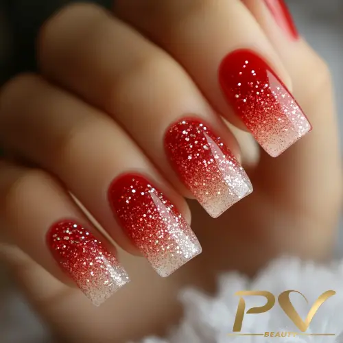 Decorações em unhas vermelhas com efeito ombré e glitter, visual moderno e sofisticado.