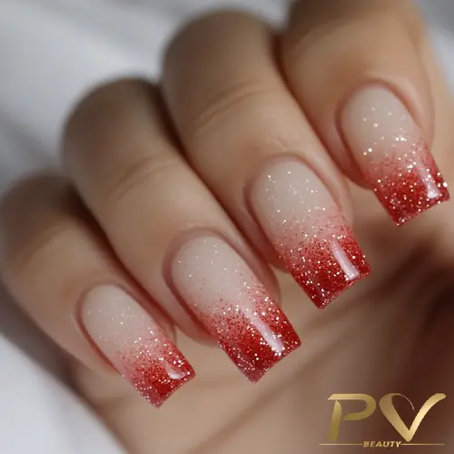 Unhas com esmalte em degradê vermelho e brilho, sobre fundo claro.
