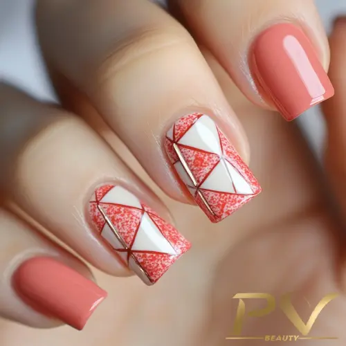 Unhas decoradas com esmalte coral e design geométrico em vermelho e branco em algumas delas.