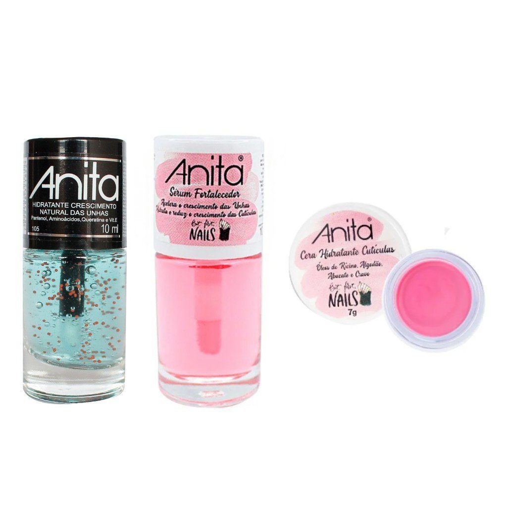 Três produtos de cuidados para unhas, incluindo esmalte azul, sérum rosa e cera hidratante em potinho.