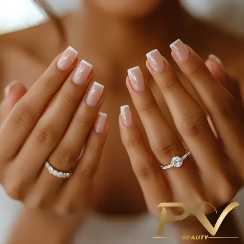 Mãos femininas com unhas bem cuidadas e esmalte claro, exibindo anéis de diamante.