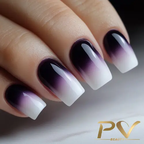 roxo-unhas-decoradas-ombre-escuro-pv-beauty-30 Unhas com esmaltação em degradê do preto ao branco, com acabamento brilhante.