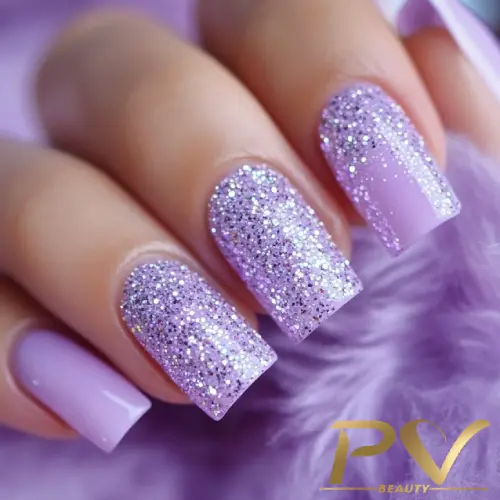 roxo-unhas-glitter-decoradas-lindas-pv-beauty-23 Unhas com esmalte lilás e glitter, sobre um fundo roxo aveludado.