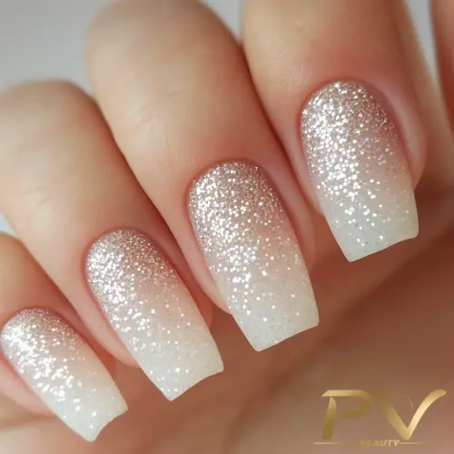 Unhas com esmalte em degradê branco e brilho prateado, exibindo um design elegante e sofisticado.