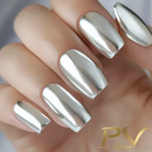 Unhas pintadas com esmalte metálico prateado, exibindo um acabamento brilhante e espelhado.