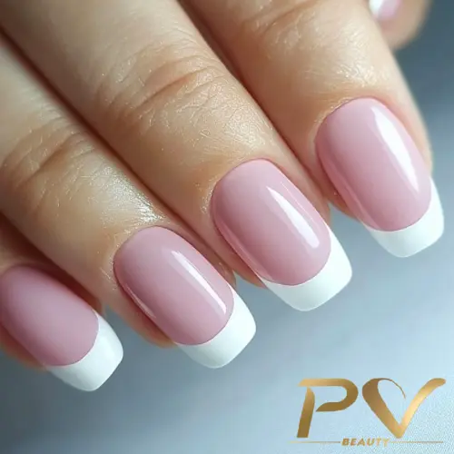 Mão com unhas pintadas em estilo francesinha, esmalte rosa claro e pontas brancas.
