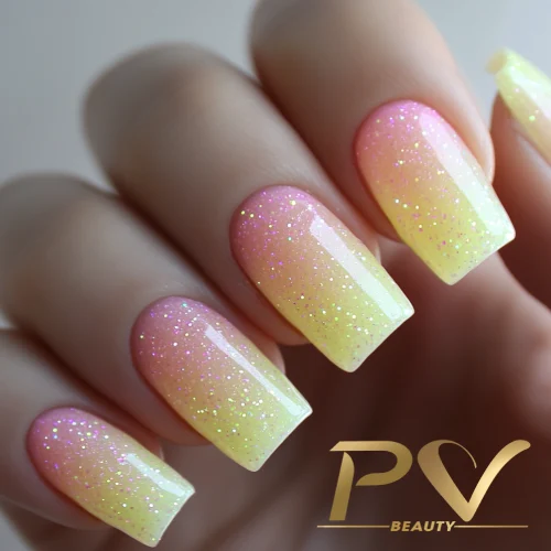 unhas-amarelas-degrade-rosa-decoradas-pv-beauty-28 Unhas com esmalte em degradê rosa e amarelo com glitter, exibindo um acabamento brilhante e elegante.