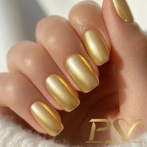 unhas-amarelas-metalizadas-decoradas-pv-beauty-10 Mão com unhas pintadas de esmalte dourado metálico, em fundo neutro.
