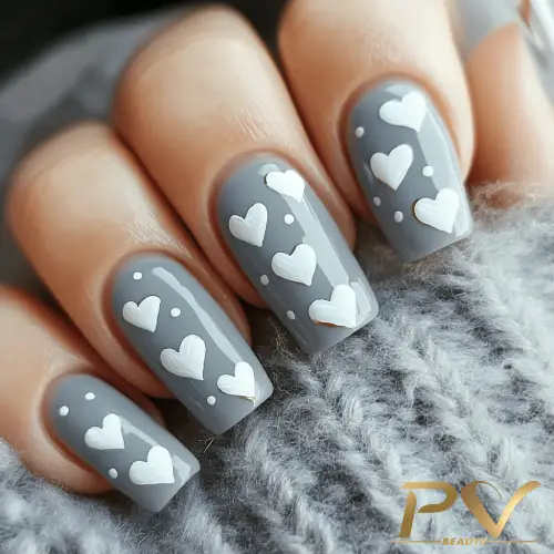 unhas-cinza-coracao-nail-designer-perto-de-mim-09 Unhas decoradas com esmalte cinza e desenhos de corações brancos, sobre tecido cinza de textura felpuda.