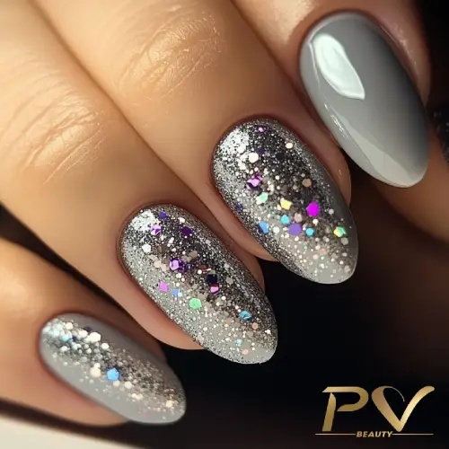 unhas-cinza-decoradas-glitter-furtacor-pv-beauty-32 Unhas decoradas com esmalte cinza e glitter prateado, com detalhes coloridos.