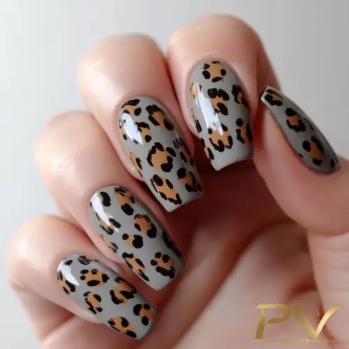 unhas-cinza-oncinha-decorada-design-pv-beauty-10 Unhas com esmalte cinza e estampa de oncinha em tons de marrom e preto.