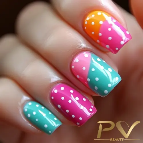 Unhas decoradas com esmalte colorido e bolinhas brancas em tons de laranja, rosa e verde.