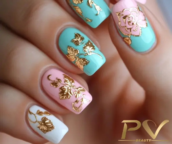 Unhas decoradas com esmalte azul, rosa e branco, adornadas com desenhos dourados de flores e folhas.