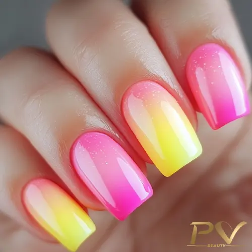 Unhas com esmalte degradê em tons de rosa e amarelo, com acabamento brilhante.
