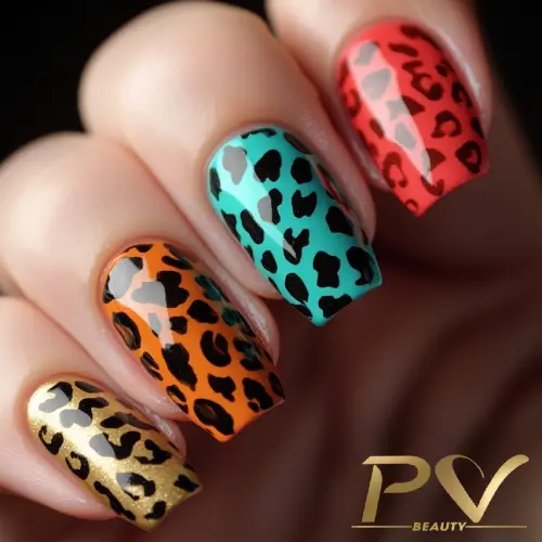 Unhas decoradas com estampas de oncinha em esmaltes vermelho, azul, laranja e dourado, com acabamento brilhante.
