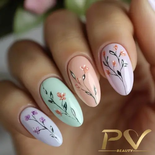 Unhas com esmalte colorido em tons pastéis, decoradas com desenhos de flores delicadas.