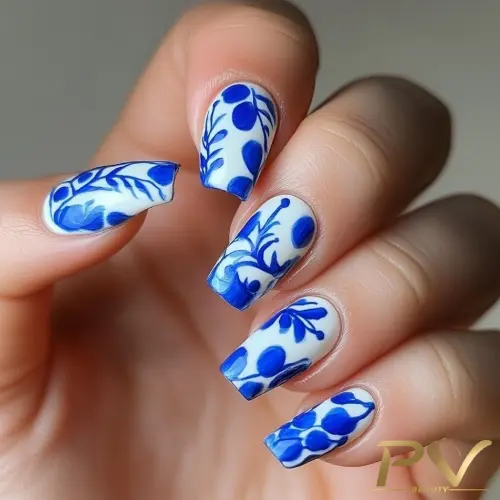 unhas-decorada-azul-floral-lindo-pv-beauty-12 Unhas decoradas com desenhos azul e branco de folhas e círculos.