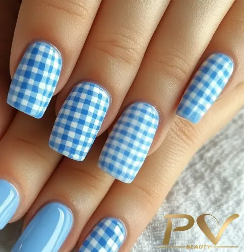 unhas-decorada-azul-xadrez-maravilhoso-pv-beauty-32 Unhas pintadas de azul, algumas com estampa xadrez azul e branca.
