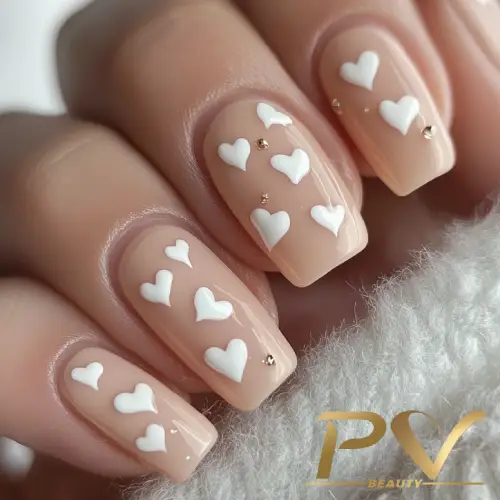 Unhas decoradas com esmalte nude e desenhos de corações brancos e pequenos detalhes metálicos.
