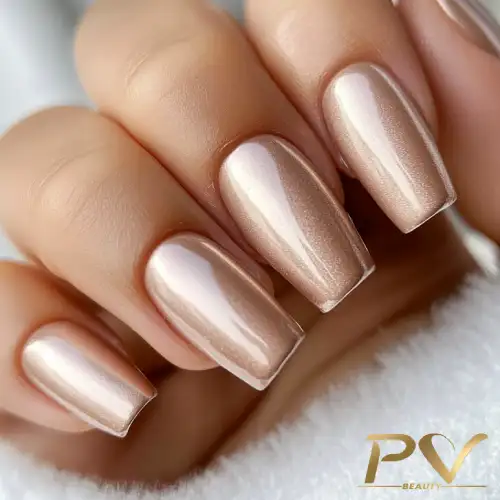 Mão com unhas pintadas em tom nude metálico, em close, sobre fundo desfocado.