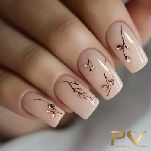 Unhas decoradas com esmalte nude, detalhes de ramos finos e pequenas pedras brilhantes aplicadas.