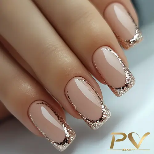 Unhas com esmalte nude e bordas decoradas com glitter dourado, exibindo um design elegante e sofisticado.