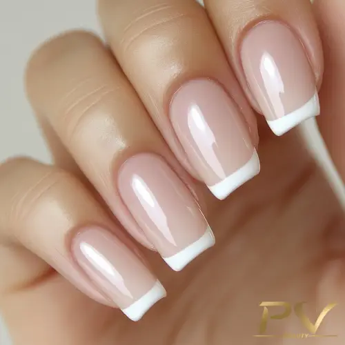 Unhas bem cuidadas com esmalte francesinha, destacando pontas brancas sobre base rosada brilhante.