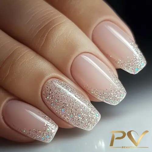 Unhas pintadas de rosa claro com pontas decoradas em glitter prateado brilhante.