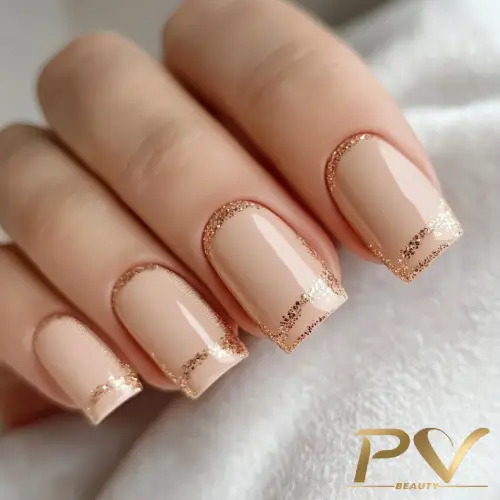Unhas decoradas em tom nude com bordas douradas brilhantes, sobre um fundo claro.
