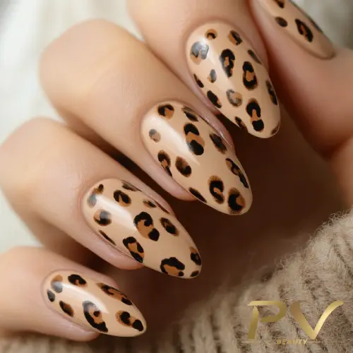 Unhas ovais com esmalte nude e estampa de oncinha, sobre tecido bege.