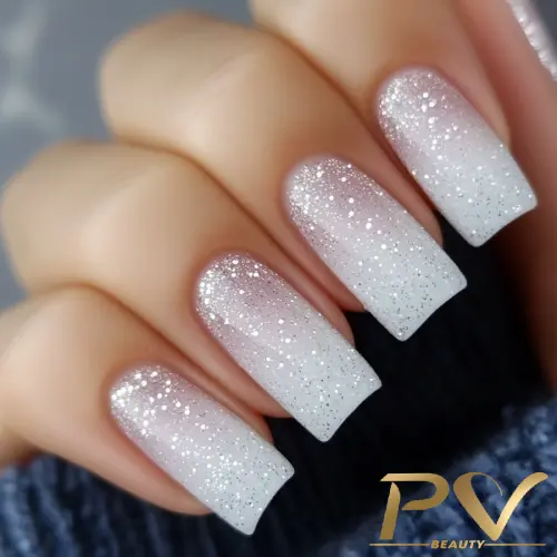 unhas-decoradas-branco-claro-glitter-pv-beauty-31 Unhas com esmalte degradê rosa e branco, decoradas com glitter, em close-up.