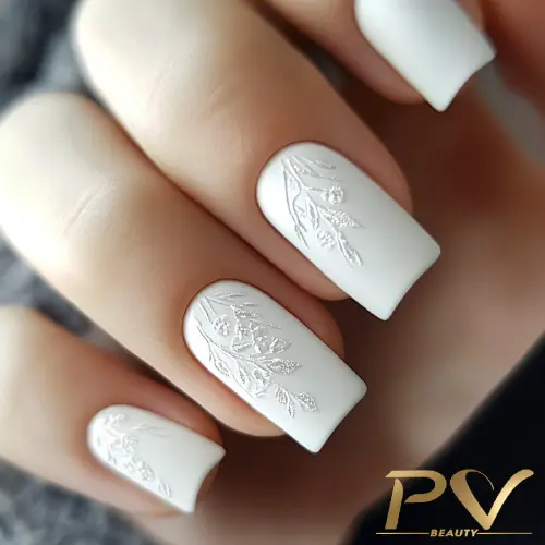 unhas-decoradas-branco-design-suave-delicado-pv-beauty-09 Unhas brancas decoradas com desenhos delicados de flores em relevo.