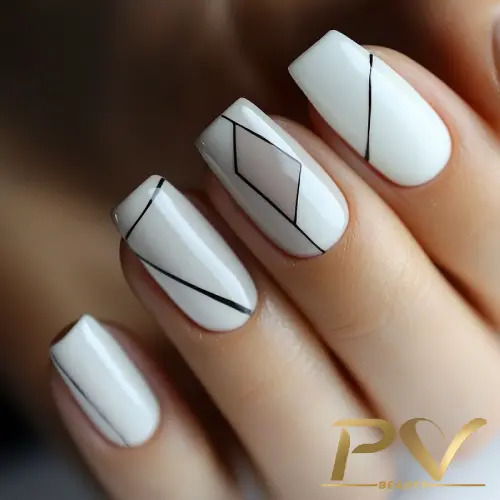 unhas-decoradas-branco-formas-geometricas-pv-beauty-26 Unhas pintadas de branco com linhas geométricas pretas em design minimalista.