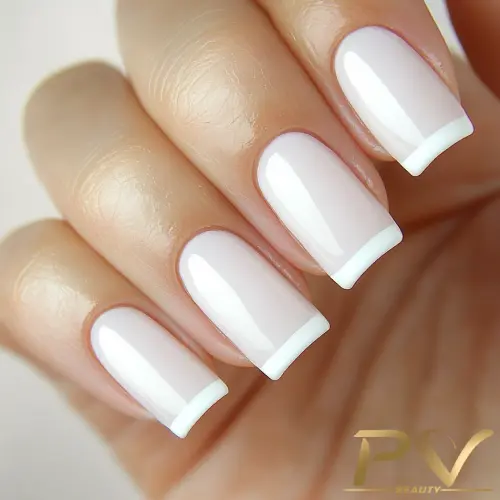 unhas-decoradas-branco-francesinha-pv-beauty-23 Unhas com esmalte estilo francesinha, com base rosa clara e pontas brancas, em close-up.